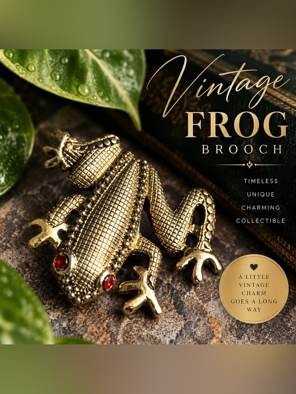 Vintage Frog Brooch Pin Gold Tone Textured Red Rhinestone Eyes Large